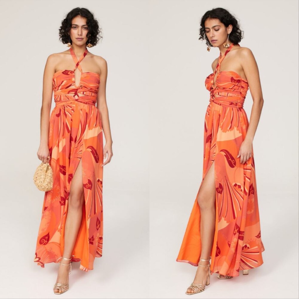 Ronny Kobo Floral Halter Cut Out Maxi Dress Orange